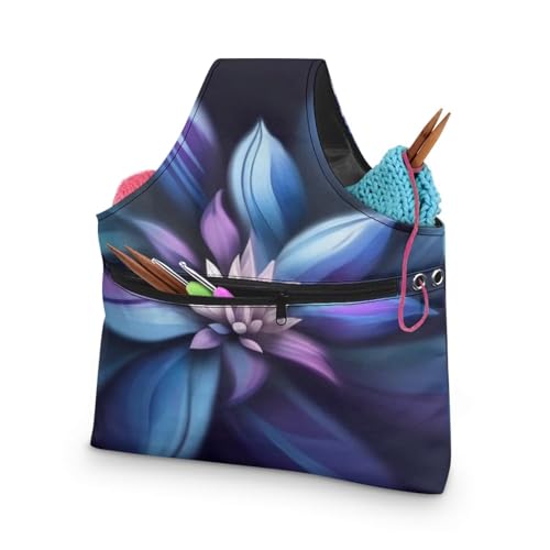 Image of KUIFORTI Boho Yarn Bag, Crochet Tote Bag, Purple Flower Yarn Storage Bag Organizer Travel Wrist Bag, Lightweight Yarn Tote Bags for Crocheting on The Go Knitting Accessories, Large Size