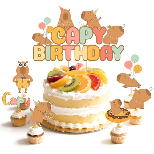 FloralGrace Capibara Toppers para Pastel y Set de Decoración de 12 Piezas para Cupcakes Estilo Chill de Capibara Cumpleaños Decoración Fiesta Accesorios para Niños de 1 a 10 Años