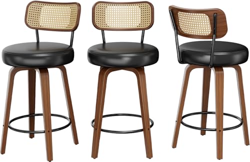 Image of YaFiti Swivel Bar Stools Set of 3, 26''H Upholstered Barstools with Rattan Backs and Wood Legs, PU Leather Counter Height Bar Chairs for Kitchen Island, Black