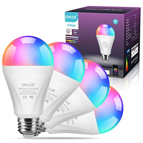 OHLUX Super Bright 13W 1300LM Smart LED Light Bulbs Compatible with Alexa, WiFi RGBCW 2700K-6500K Dimmable Multicolor Bulb, A19 E26, 120W Equivalent Color Changing Bulb, No Hub Required, (4 Pack)