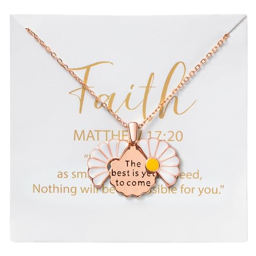 PANTIDE Christian Daisy Locket Necklace for Women Girls - The Best Is Yet To Come Engraved Faith Religious Necklace Inspirational Stainless Steel Jewelry Birthday Gift (Rose Gold), Small, Stainless