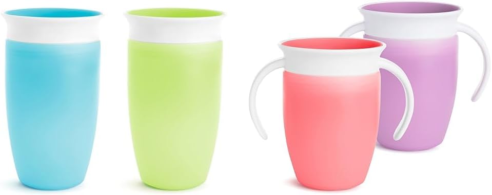 Munchkin® Miracle® 360 Toddler Sippy Cup, Spill Proof, 10 Ounce, 2 Pack, Blue/Purple & ® Miracle® 360 Trainer Sippy Cup with Handles, Spill Proof, 7 Ounce, 2 Pack, Pink/Purple