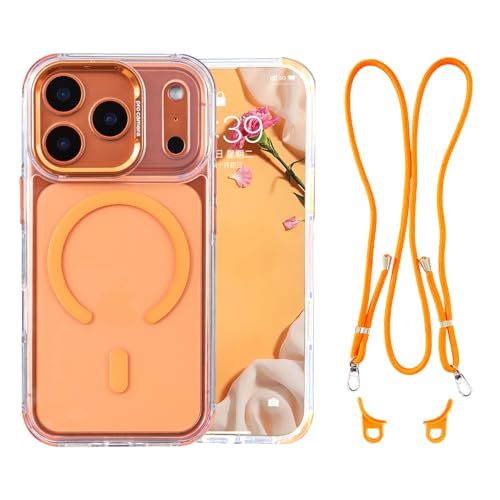 QATYYY for iPhone 17 Pro Max Case with Adjustable Phone Lanyard Strap Compatible with MagSafe Shockproof Military-Grade Protection Magnetic Phone Case Crossbody Neck Strap Classic Clear Orange