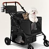 Dog Stroller for Small Pets, All-Terrain 4-Wheel Cat & Dog Carrier with 360° Front Wheels, Adjustable Handle & Canopy|Cup Holder & Storage Basket|Foldable in One Step|Ventilated Design for Comfort