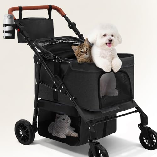 Jestonten Dog Stroller for 2 Dogs, Pet Stroller for 2 Small Dogs, 360°All-Terrain 4-Wheel Cat & Dog Stroller, Adjustable Handle & Canopy, Cup Holder, Storage Organizer, Foldable & Ventilated (Black)