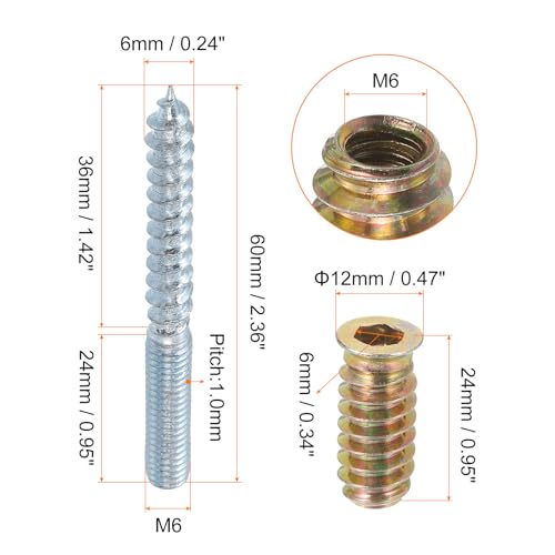 Image of uxcell M6x60mm Hanger Bolts, 8pcs 31mm Wood Dowel Screw Self-Tapping Screw with 8pcs M6x24mm Threaded Insert Nuts Interface Hex Socket Drive, for Joint Furniture Legs