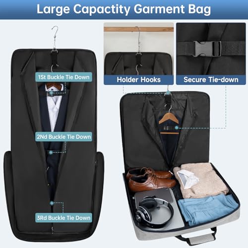 Garment Bags for Travel, Carry On Garment Bag for Hanging Clothes Large Suit Travel Bag Convertible Travel Garment Bag for Shirts, Dresses, Coats (Grey)4