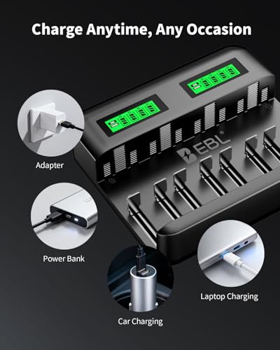 Image of EBL LCD 8 Bay Battery Charger, AA AAA C D Rechargeable Battery Charger for Rechargeable Batteries Ni-MH AA AAA C D Batteries with Type C Input
