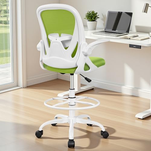 Image of Primy Drafting Chair Tall Office Chair with Flip-up Armrests Executive Ergonomic Computer Standing Desk Chair with Lumbar Support and Adjustable Footrest Ring (Green)
