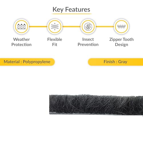 Brixwell Zipper Pile Weatherstrip - 100\' Roll, 0.450\" Pile Height, Gray Finish, Zipper Weatherization Seal for Windows & Doors, Weatherstrip Replacement, Door and Window Seal