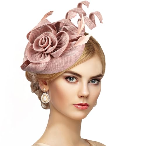 Zinniday 2025 Derby Fascinator Hat - Pink Victoria Church Kentucky Hats 1920s 50s Feather Vintage High Tea Party Cap with Hair Clip for Lady Women Girls Holiday Event Party Costume Accessories
