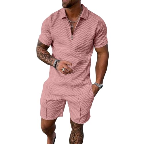 Men's shorts set, summer fashion polo shirt and shorts set, beach home sportswear with pockets (Pink,XL)
