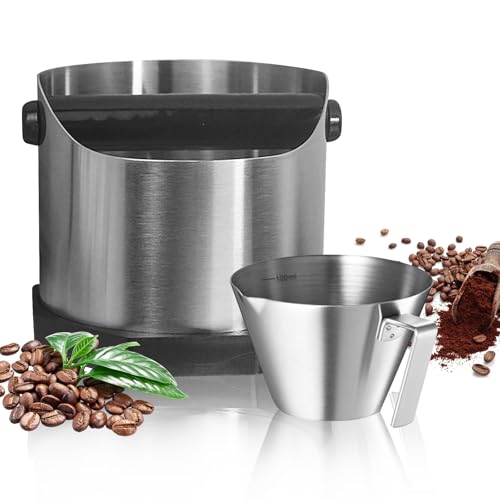 PRITOK Coffee Knock Box with Coffee Measuring Cup: 1600ml Stainless Steel Coffee Ground Knock Box with Removable Knock Bar, Large Capacity Espresso Knock Box for Coffee Shops, Milk Tea Shops
