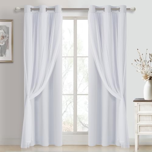 Image of DWCN White Blackout Curtains with Sheer Overlay with Tiebacks 84 Inch Long | Mix & Match Double Layer Window Panels for Bedroom Living Room Drape, Grommet Top, 38 inch Wx84 inch L, Set of 2