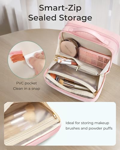 Image of BAGSMART Travel Makeup Bag, Make Up Bag with Multiple Compartments for Organizer, Compact & Durable Cosmetic Organizer for Women for Travel Accessories (Pink