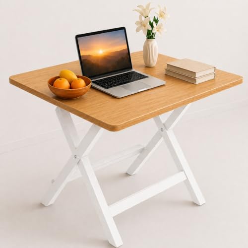 Image of Multi-Purpose Portable & Foldable Wooden Dining Table Desk for Living Room | Bed Room | Made with Engineered Plywood top and Powder Coated Finish for Home & Office (Yellow Board with white metal)