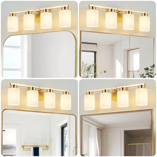 Image of 4-Light Bathroom Light Fixtures, Modern Vanity Lights, Gold Metal Wall Lamp with White Marble Glass for Bathroom, Mirror, Living Room, Bedroom, Cabinet, Porch, Hallway, E26 Base