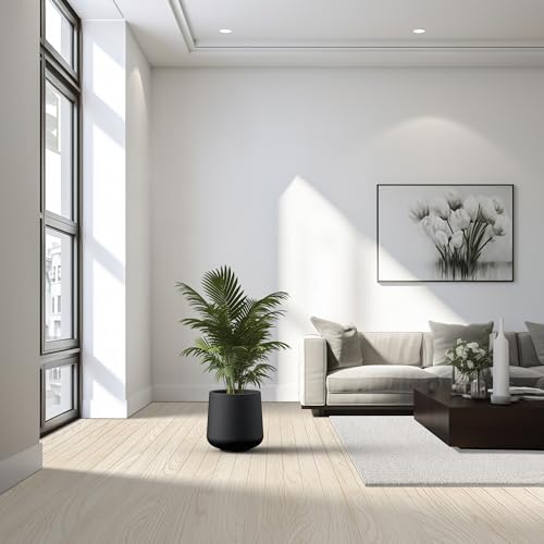 Image of Kante Black Concrete Planter 13 inch Dia All-Weather Round Accent Pot | Handcrafted Cement Curved, Anti-Frost & UV Outdoors, Plug for Indoor, Lightweight & Durable, Modern Home, Garden, Porch