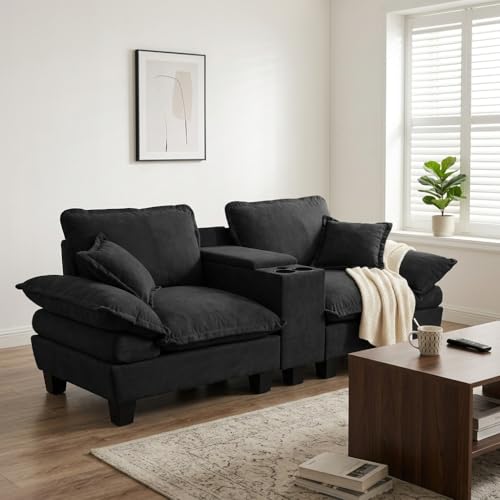 Luscriate Modulare Cloud-Couch mit Stauraum & Getränkehaltern – Modernes Segelboot-Sofa aus Chenille, Komfortsofa mit 2 Kissen für Wohnzimmer, Apartments & Kleine Räume, Schwarz