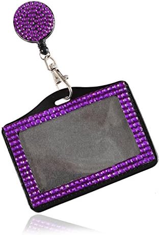 Purely Handmade Fashion Retractable Purple Bling Crystal Strap Neck Lanyard Cute Rhinestone Badge Holder+Jeweled Horizontal Business Name ID Card Holder+Beaded Badge Reel Clip