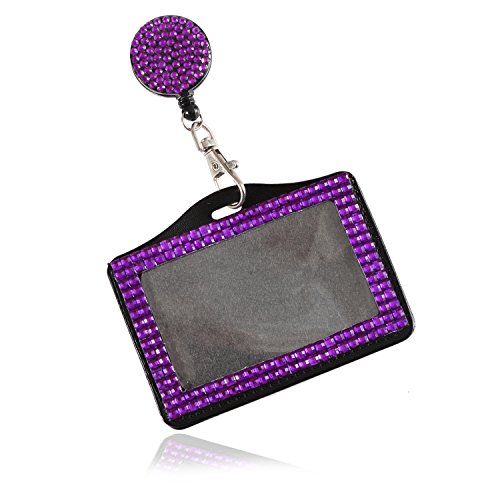 Purely Handmade Fashion Retractable Purple Bling Crystal Strap Neck Lanyard Cute Rhinestone Badge Holder+Jeweled Horizontal Business Name Id Card Holder+Beaded Badge Reel Clip #TOP1