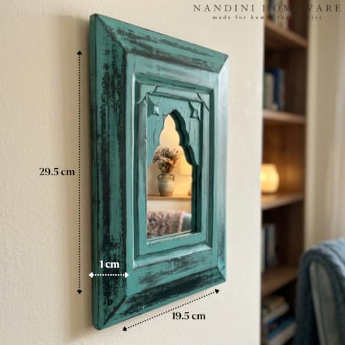 Image of Handcrafted Traditional MDF Wooden Mirror Jharokha Wall Art | Heritage Boho Style Decorative Wall Hanging (Teal Mirror)