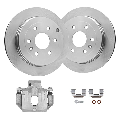 Image of Detroit Axle - Rear Disc Brake Rotors + Left Brake Caliper Replacement | for Chevy Traverse GMC Acadia Buick Enclave Saturn Outlook - 3pc Set