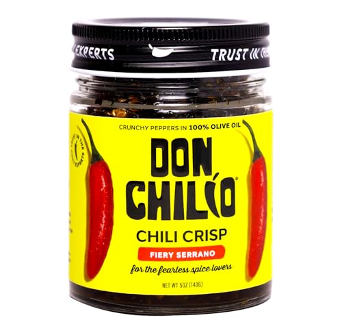 Image of Don Chilio Medium Heat Serrano Mexican Chile Crisp, 5 oz. - Crunchy Sliced Serrano Fried Chili Peppers in Hot Seasoned 100% Olive Oil - Keto-Friendly, Vegan, Gluten Free