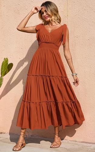 Image of PRETTYGARDEN Women's Cross Neck Summer Sleeveless Tiered Maxi Dress Beach Tie Strap Smocked Long Dresses Pleated Sundress