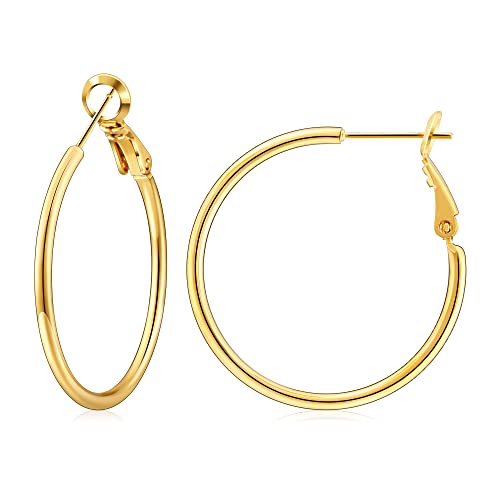 Gacimy Medium Hoop Earrings for Women 14K Gold Plated 925 Sterling Silver Post Hoops for Women 30mm Yellow Color Medium Earrings