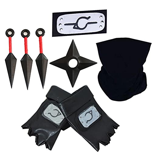 Naruto Leaf Village Logo Metal Plated Headband Forehead Protector Kakashi Face Mask Black Veil, Kunai, Hokage Veil Konoha Glove 8 PCS Set for Unisex Naruto Fans Cosplay Costume Accessories