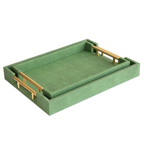 UPPER DECOR Decorative Tray Set of 2, Green Shagreen Leather Tray, Modern Elegant Rectangle Serving Trays with Gold Polished Metal Handles, Ottoman Trays Coffee Table Perfume Kitchen Home Decor by UPPER DECOR - Used condition - Image 8