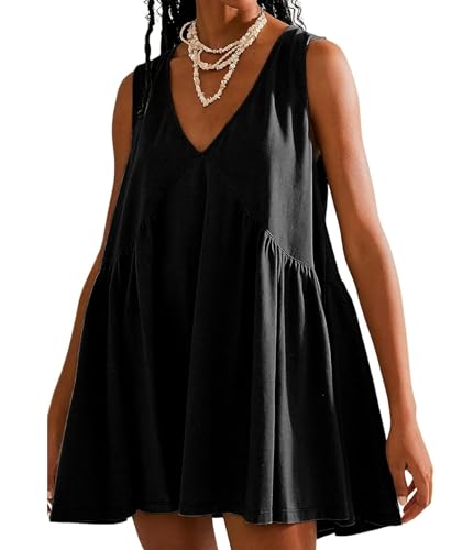 OPCAKM Women's V Neck Sleeveless Mini Dress Loose Summer Pleated Swing Flowy Sundress