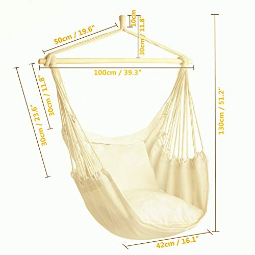 EverKing Hanging Rope Hammock Chair Porch Swing Seat, Large Hammock Net Chair Swing, Cotton Rope Porch Chair for Indoor, Outdoor, Garden, Patio, Porch, Yard - 2 Seat Cushions Included (White) - Thumbnail 7