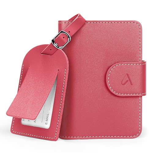 Image of ALLIVE Rfid Passport Holder for Travel Women, Rfid Passport Cover Wallet, Genuine Leather Passport Holder for Travel with AirTag Hidden, Gift Set with Luggage Tag in Premium Gift Box (Rose Pink)