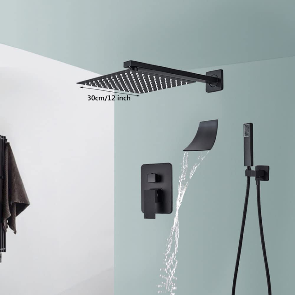 Système de douche à effet pluie noir mat encastré douche de tête mitigeur cascade