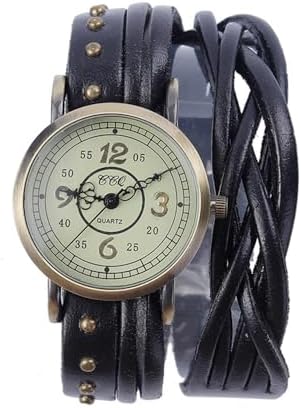 MINILUJIA Genuine Leather Braided Strap Double Wrap Aound Watch for Women Vintage Bohemian Style Bronze Small 26mm Roman Number Dial Adjustable Wrap WatchBrown