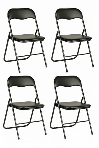 DUPI Silla Plegable de Metal | Acolchada y Cómoda | Uso en Cocina, Oficina, Camping | No Requiere Montaje | para Espacios Pequeños | Sintético | Pack de 4 Unidades | Negro