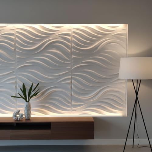 Image of Kayra Decor 3D Wall Panels Wave Design - White Color | 19.7 inch x 19.7 inch (Pack of 12) - Covers 32.28 Sq. Ft | Premium Home & Office Wall Decoration
