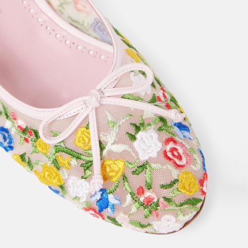 Women's Pink Ballet Flats - Embroidered Mesh Mary Jane Shoes, Slip-On Round Toe Multicolor Print Bows for Party & Casual Wear3