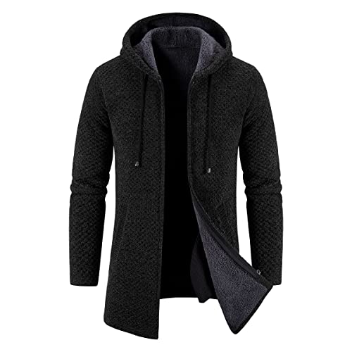 KUDORO Cardigan Gilet Homme Long à Capuche Zippé,Veste en Maille Homme Hoodie Épais et Décontractée Polaire Chandail Homme Sweats à Capuche Homme(Noir,L) Cover