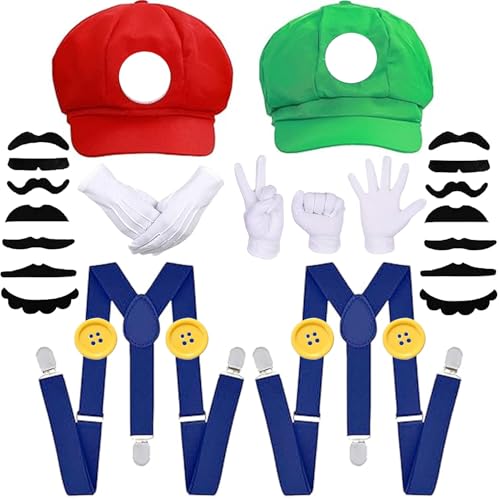Funnity Disfraz Mario y Luigi Adulto con Gorra Guantes Bigote y Botones - Accesorios Completos de Super Mario Bros para Carnaval Halloween y Cosplay