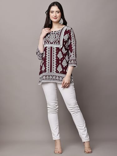 Image of Women's Pink Printed Short Kurti with Lace Trim, 3 /4 Sleeves, Ethnic Indian Style Top