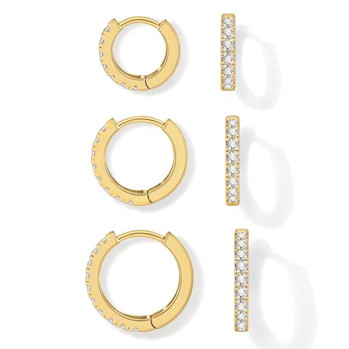 micuco 3 Pairs Small 14K Gold Plated Huggie Hoo p Earrings for Women Tiny Cartilage Cubic Zirconia Earrings 14K Gold Plated Huggie Hoop Ear Piercing Earrings for Men 8mm 10mm 12mm