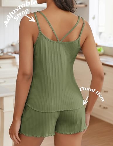 Image of Ekouaer Womens Cami Pajama Sets 2 Piece Ribbed Knit PJs Tank Top and Shorts Set Lingerie Sleepwear