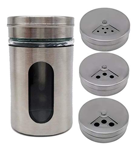 Kit com 4 Saleiros Porta Condimento Pimenta Pote Vidro Aço Inox Visor
