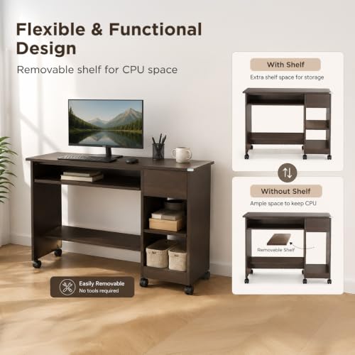 Image of Nilkamal Zenith Lite Computer Table | Engineered Wood | Computer Desk with Keyboard Tray, 2 Open Shelves and 1 Drawer | Study Table | for Home, Office, Workstation | Wenge