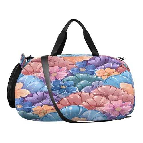 Gym Travel Duffle Bag for Boys Girls Fantasy Mermaid Scale Pattern with Flowers Sports Dance Bag with Shoe Compartment & Wet Pocket Football Kids Travel Bag Teens Sleepover Carry2