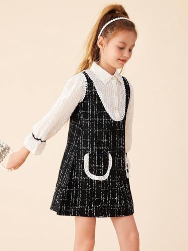 Image of WDIRARA Girl's Plaid Print Bow Front Tweed Dress Flounce Long Sleeve Mock Neck Cute Elegant Short Dresses Black and White 11-12Y