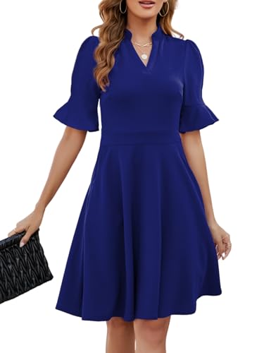 Image of Mokayee Womens Summer V Neck Ruffle Short Sleeve Fit and Flare Knee Length Church Wedding Guest Dresses with Pockets